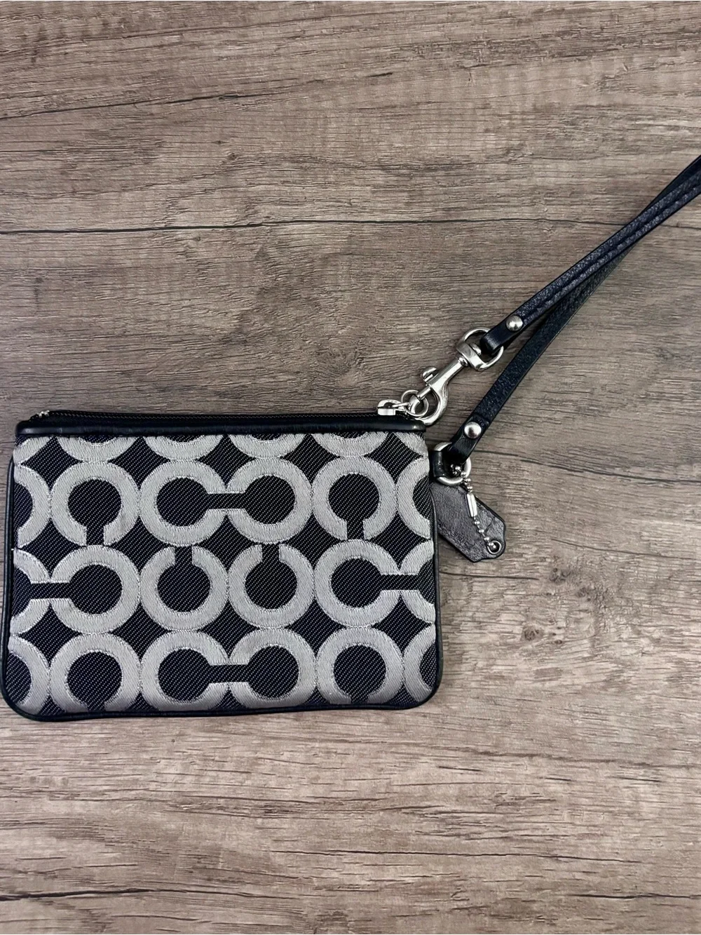 Coach Black & Gray Signature Wristlet with Leather Trim